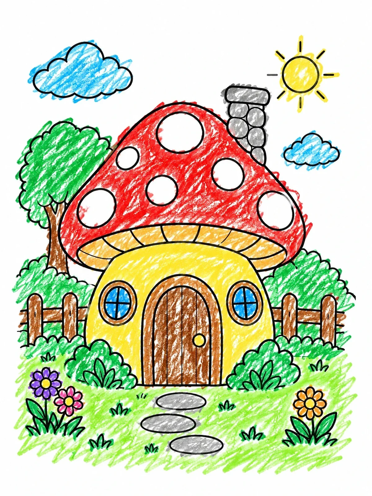 Colored example of the Cute Mushroom Cottage In The Garden coloring page