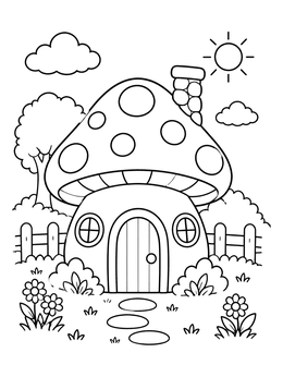 Free printable Cute Mushroom Cottage In The Garden coloring page