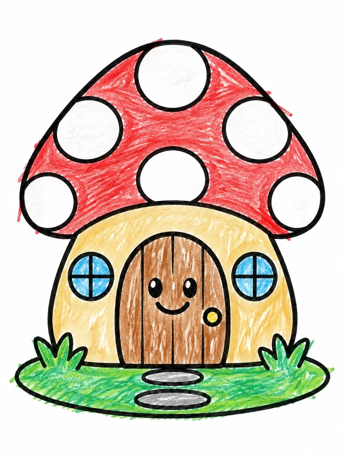 Colored example of the Cute Mushroom House With Smiling Door coloring page