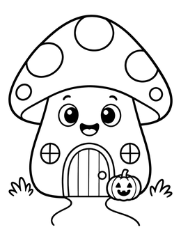 A smiling mushroom coloring page with a small pumpkin beside its door.