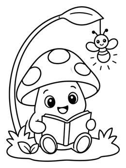 Free printable Cute Mushroom Reading With Firefly Lantern coloring page