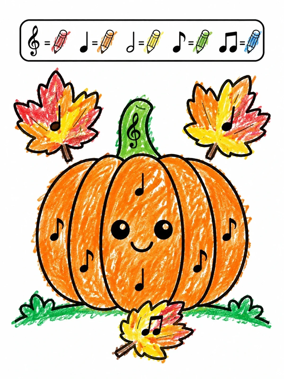 Colored example of the Cute Musical Pumpkin And Autumn Leaves coloring page