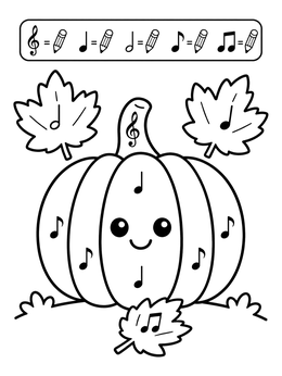 Free printable Cute Musical Pumpkin And Autumn Leaves coloring page