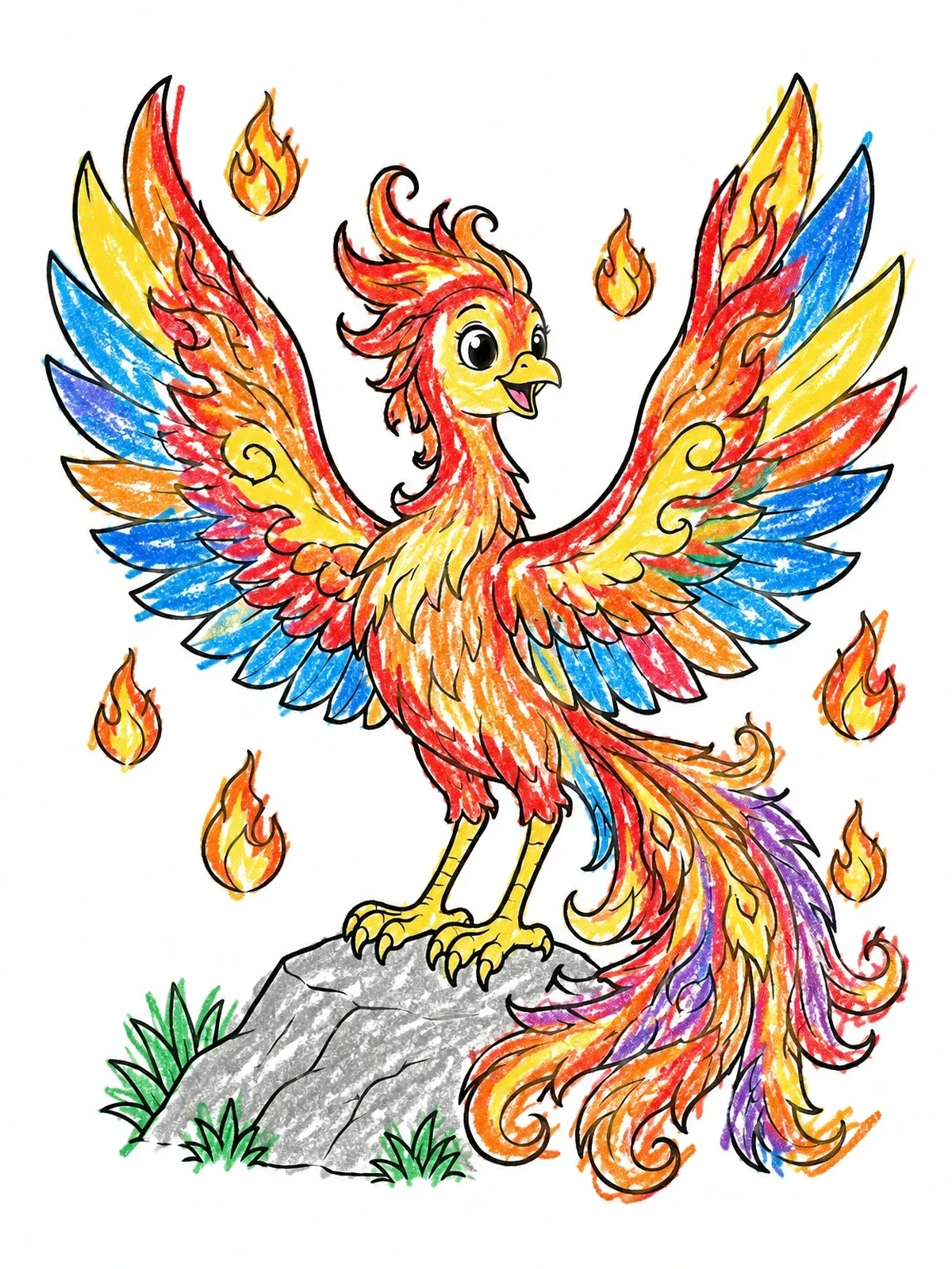 Colored example of the Cute Mythical Firebird On Rock coloring page