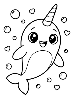 Free printable Cute Narwhal With Bubbles And Hearts coloring page