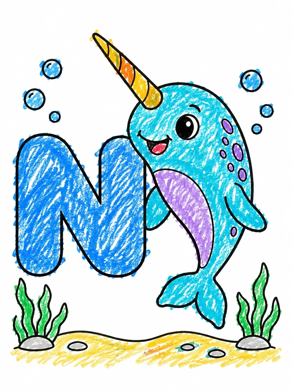 Colored example of the Cute Narwhal With Capital Letter N coloring page