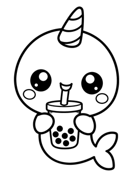A cute cartoon narwhal coloring page holding a delicious boba tea with a straw.