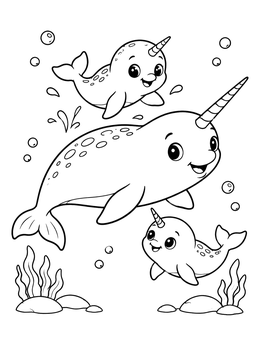 A cheerful mother and two calves in a narwhal coloring page.