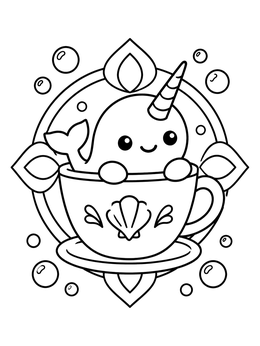 Free printable Cute Narwhal In A Teacup coloring page