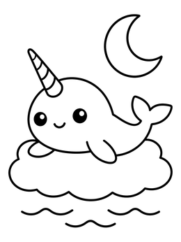 Free printable Cute Narwhal On A Cloud coloring page