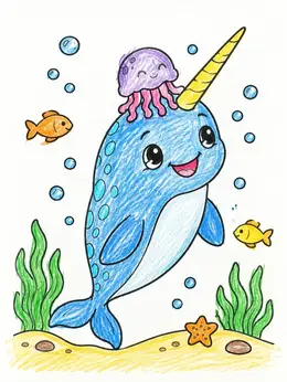 Cute Narwhal With Little Jellyfish Friend Coloring Page