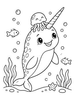 A cheerful narwhal coloring page with a cute jellyfish on its head under the sea.
