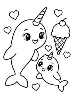Free printable Cute Narwhals And Sweet Ice Cream coloring page