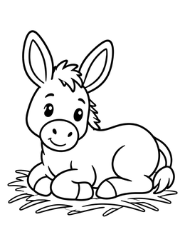 A sweet little donkey rests on straw in this nativity coloring page.