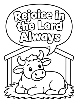 A cute nativity ox resting in a stable on this bible coloring page.