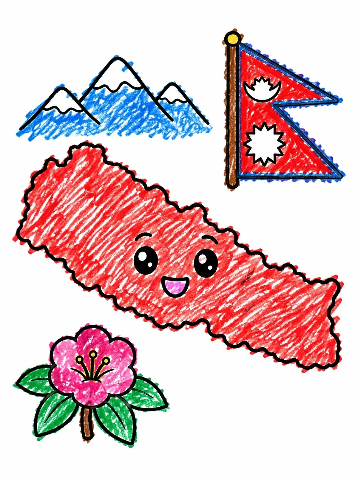 Colored example of the Cute Nepal Map And Flag coloring page
