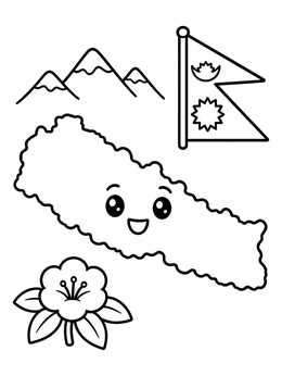 Free printable Cute Nepal Map And Flag coloring page