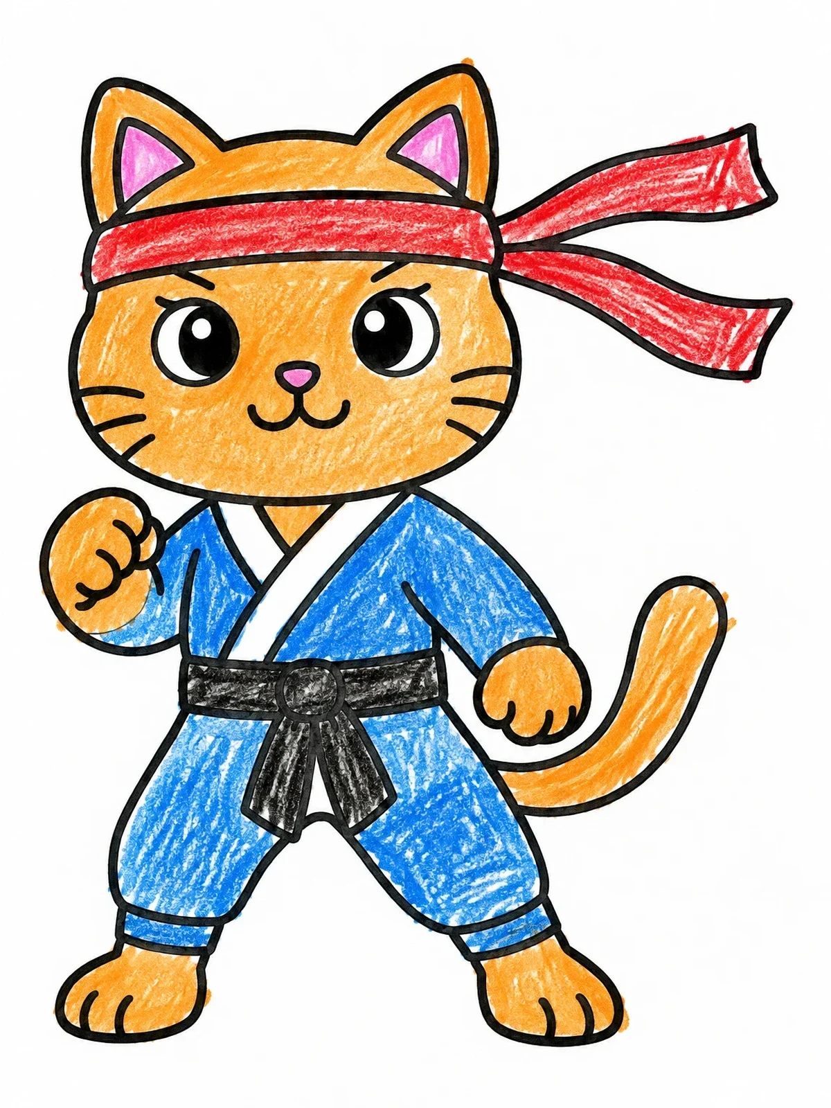 Colored example of the Cute Ninja Cat In Action Stance coloring page