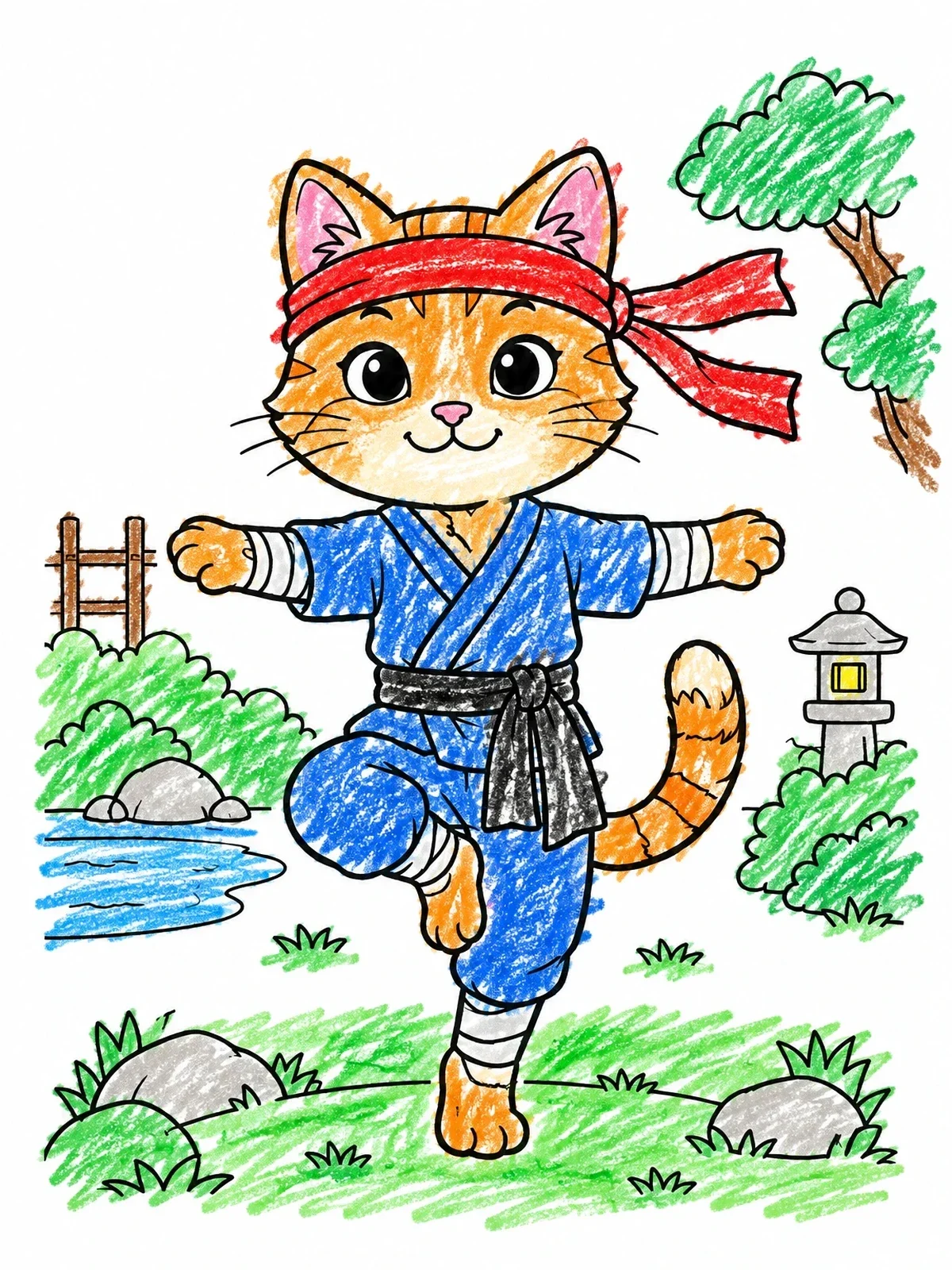 Colored example of the Cute Ninja Cat Balancing On One Foot coloring page