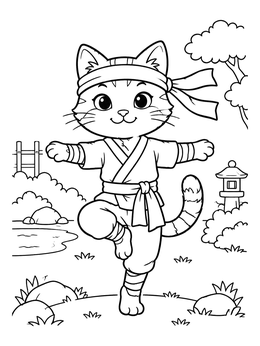 Free printable Cute Ninja Cat Balancing On One Foot coloring page