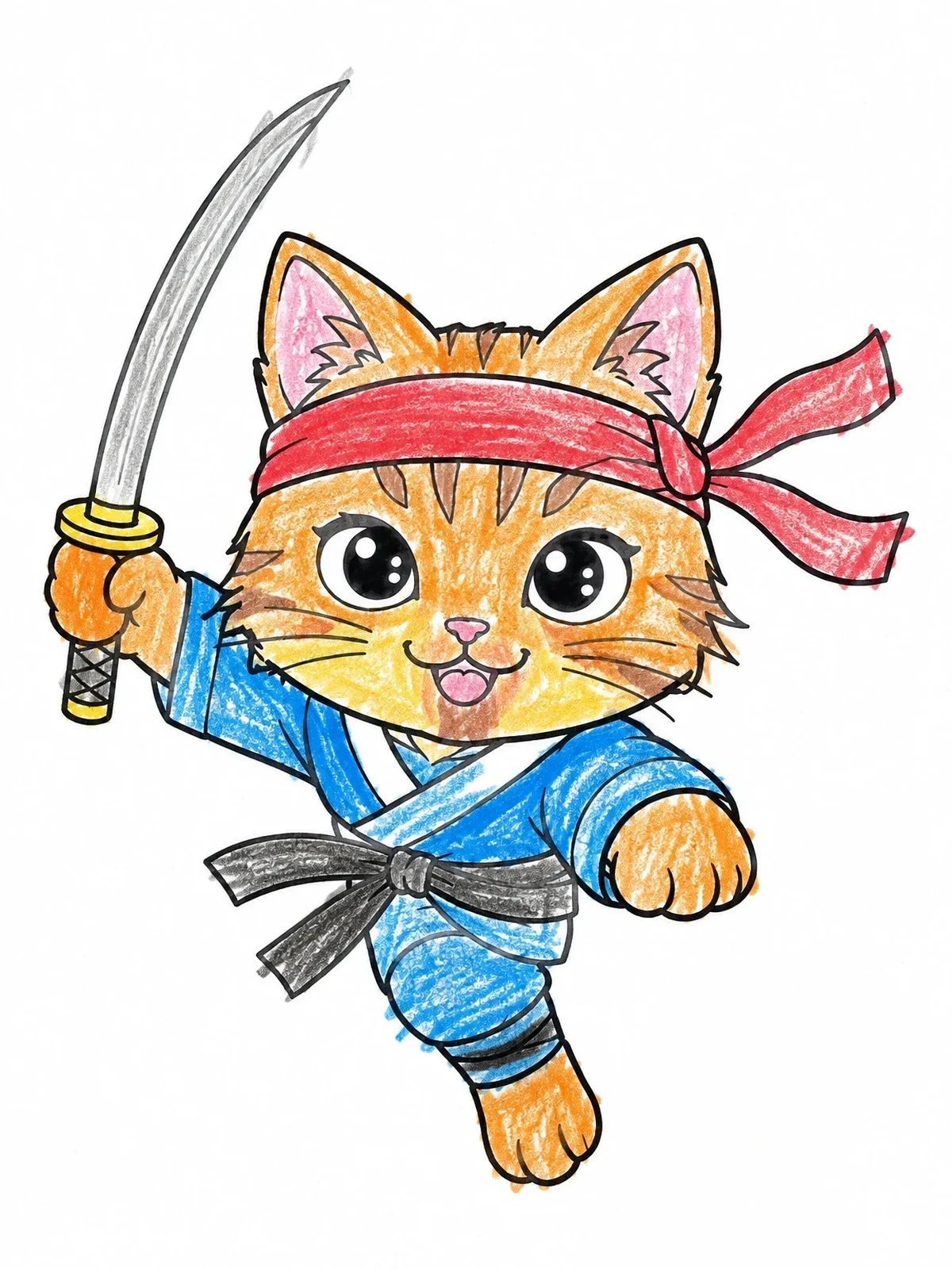 Colored example of the Cute Ninja Cat With Katana coloring page