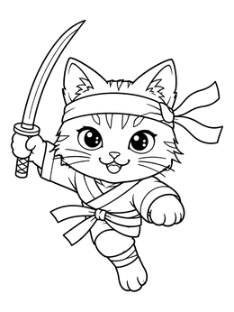 Free printable Cute Ninja Cat With Katana coloring page