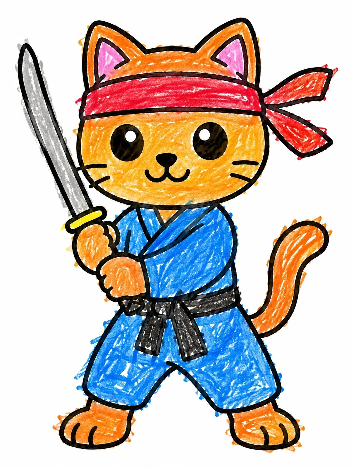 Colored example of the Cute Ninja Cat With Katana coloring page