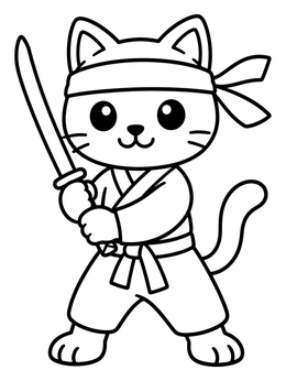 Free printable Cute Ninja Cat With Katana coloring page