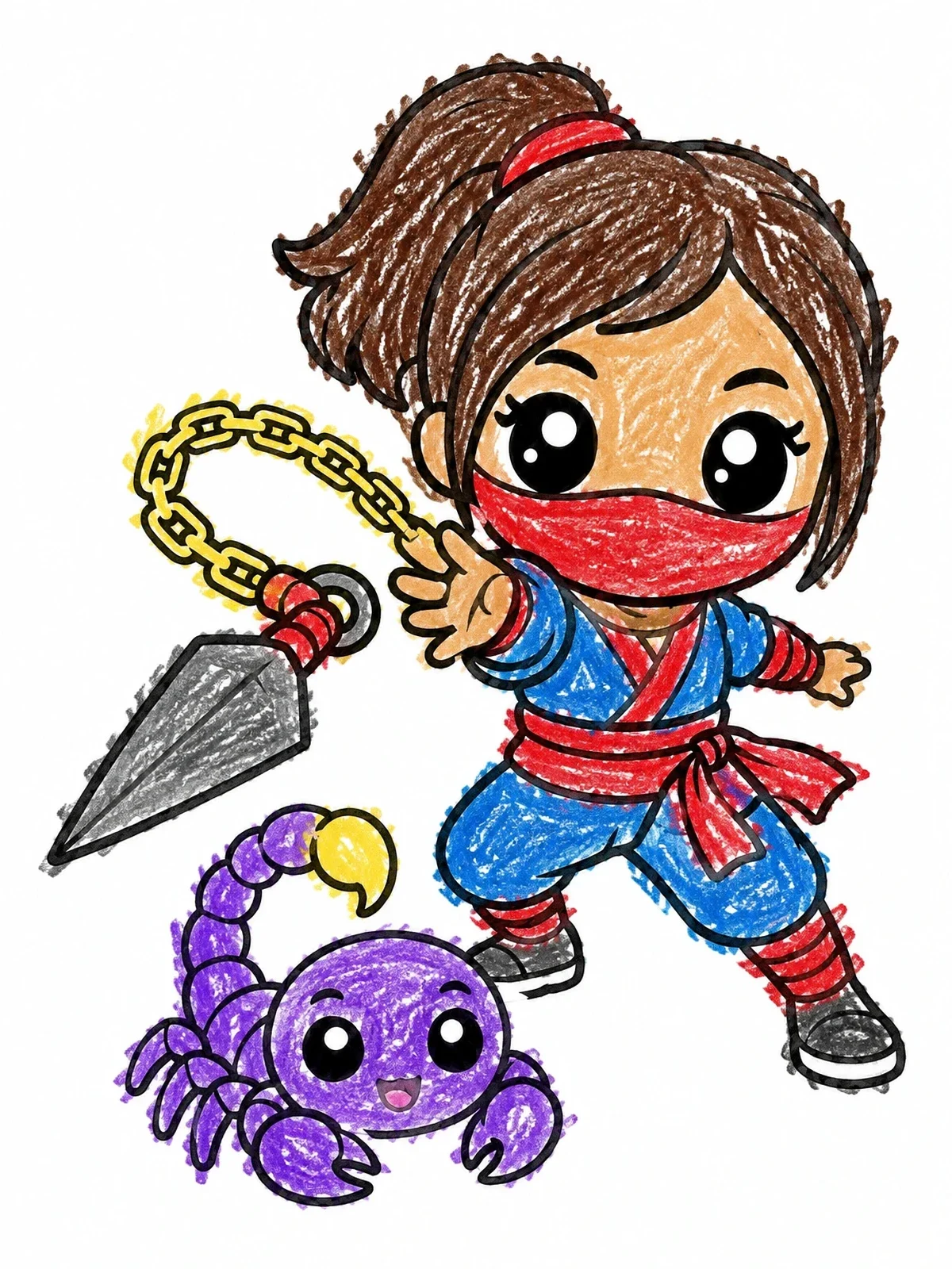 Colored example of the Cute Ninja With Chained Kunai And Scorpion coloring page