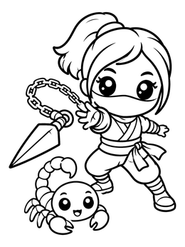 Free printable Cute Ninja With Chained Kunai And Scorpion coloring page