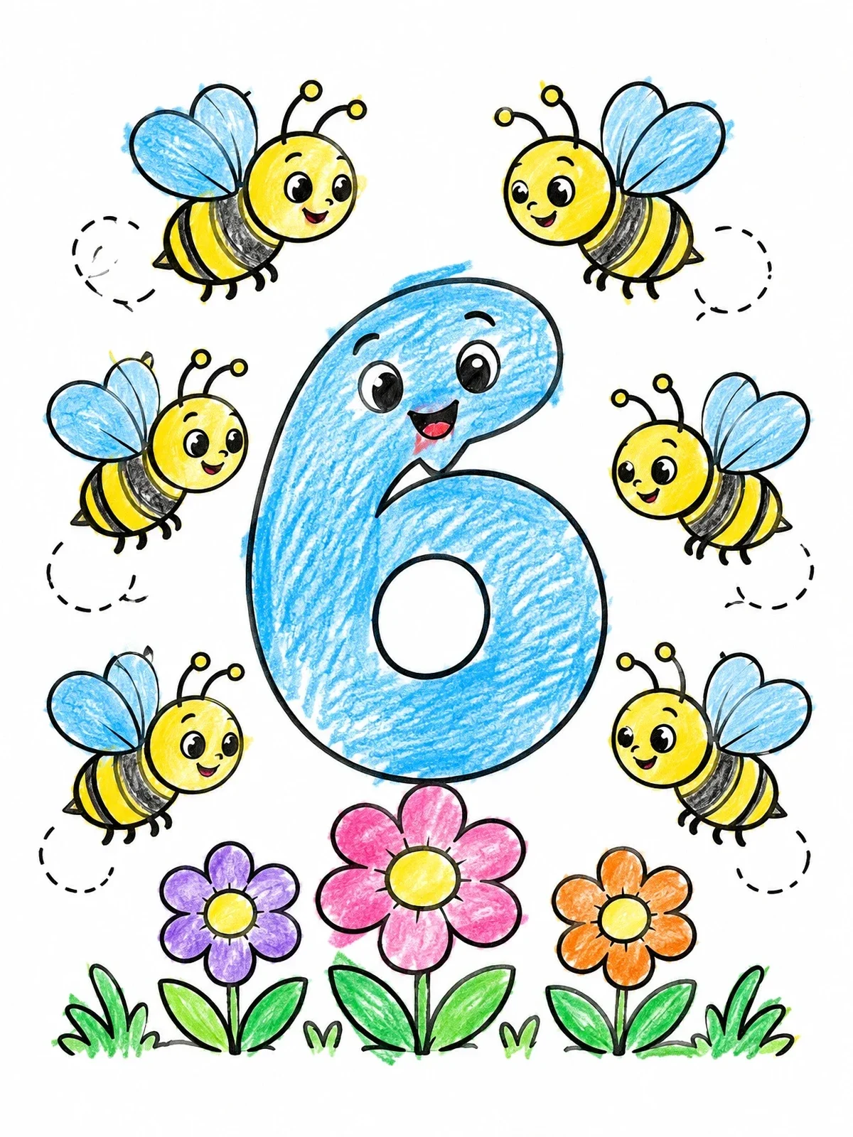 Colored example of the Cute Number Six With Honeybees coloring page