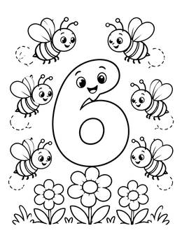 Free printable Cute Number Six With Honeybees coloring page