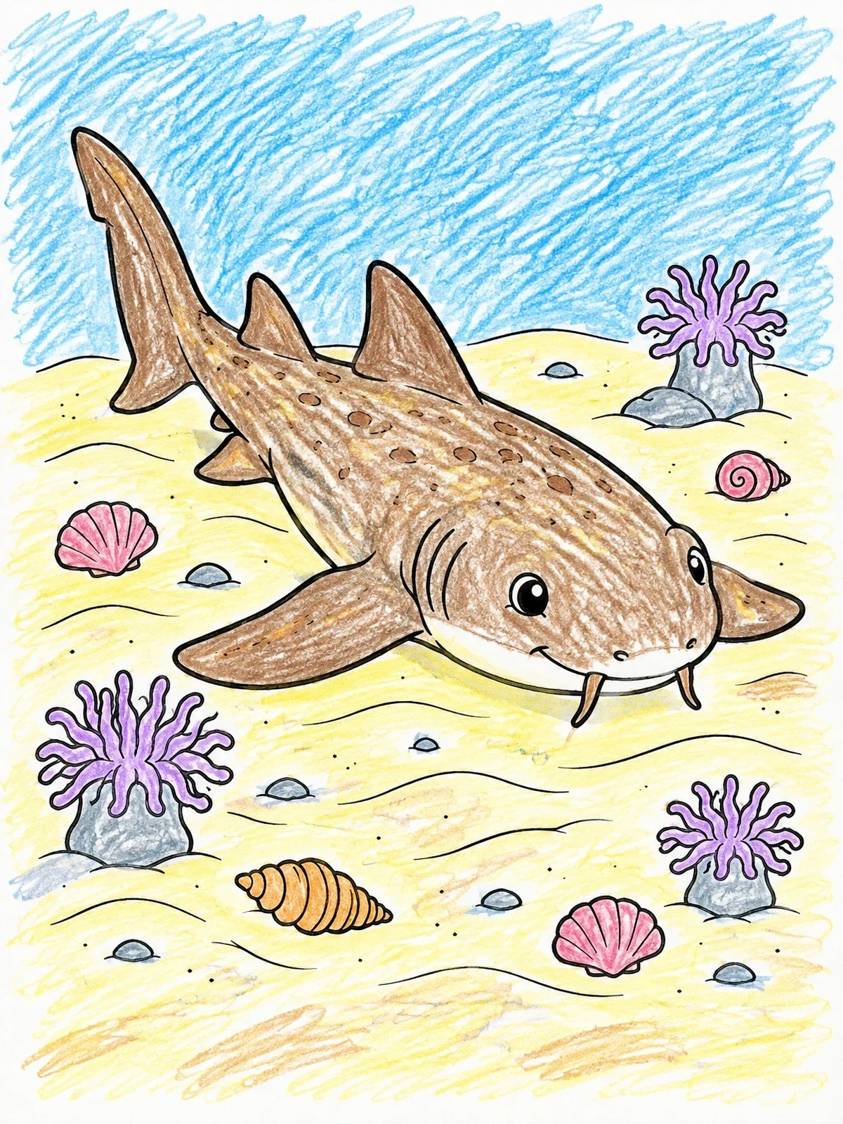 Colored example of the Cute Nurse Shark On The Seabed coloring page