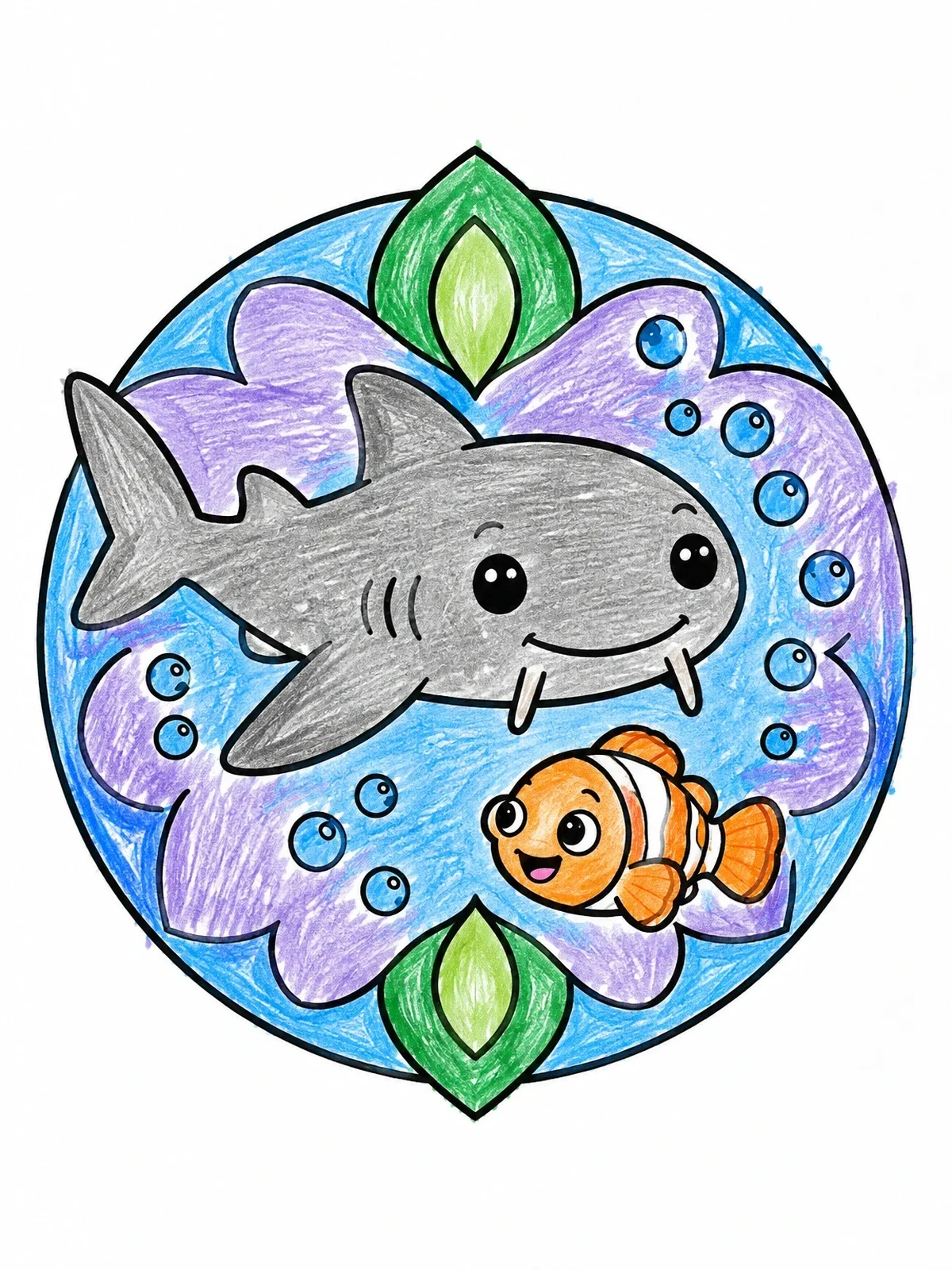 Colored example of the Cute Nurse Shark With Clownfish coloring page