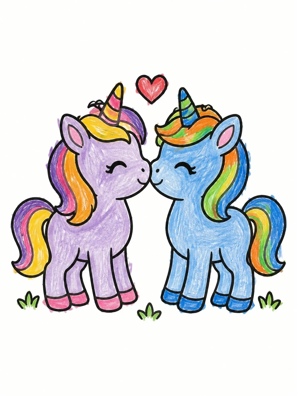 Colored example of the Cute Nuzzling Foal Unicorns coloring page