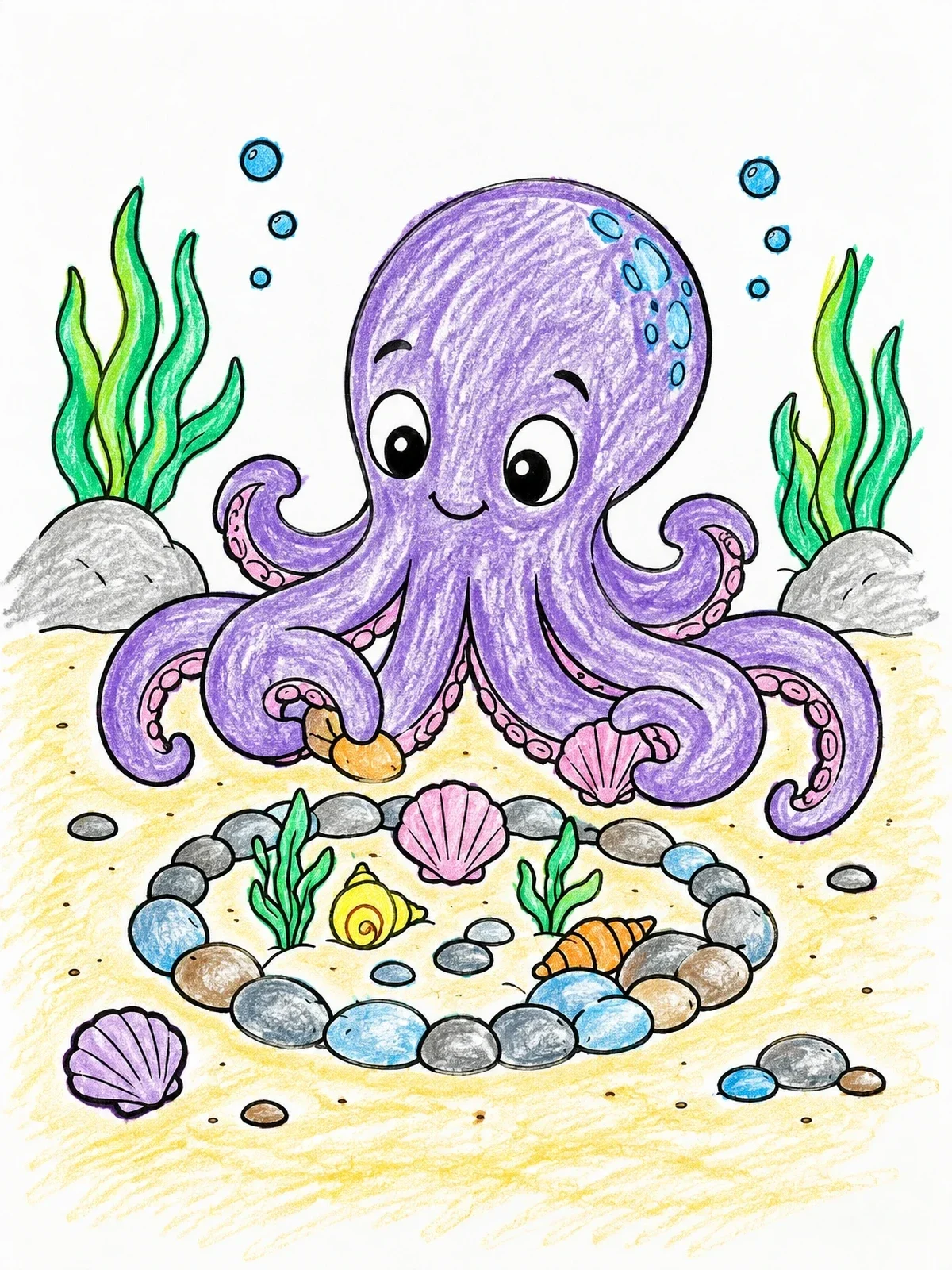 Colored example of the Cute Octopus Building A Garden coloring page