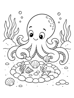 A friendly octopus coloring page showing it arranging shells and pebbles underwater.