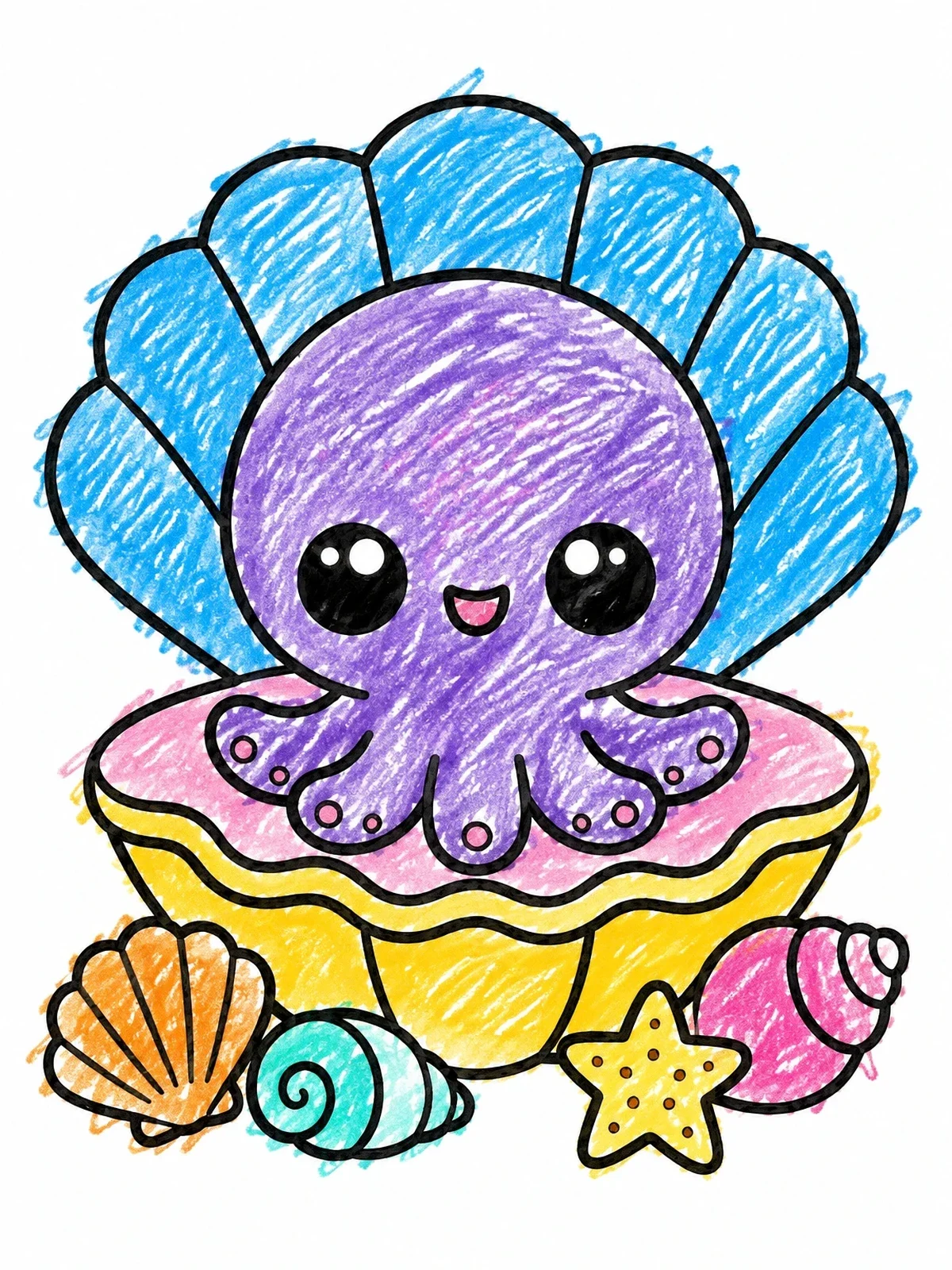 Colored example of the Cute Octopus In An Open Clam Shell coloring page