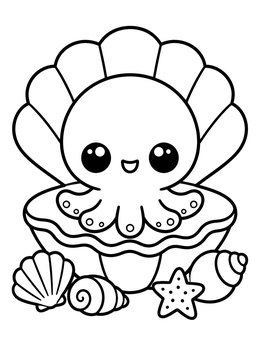 Free printable Cute Octopus In An Open Clam Shell coloring page