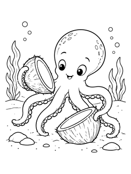 A cheerful octopus coloring page featuring two coconut shell halves underwater.
