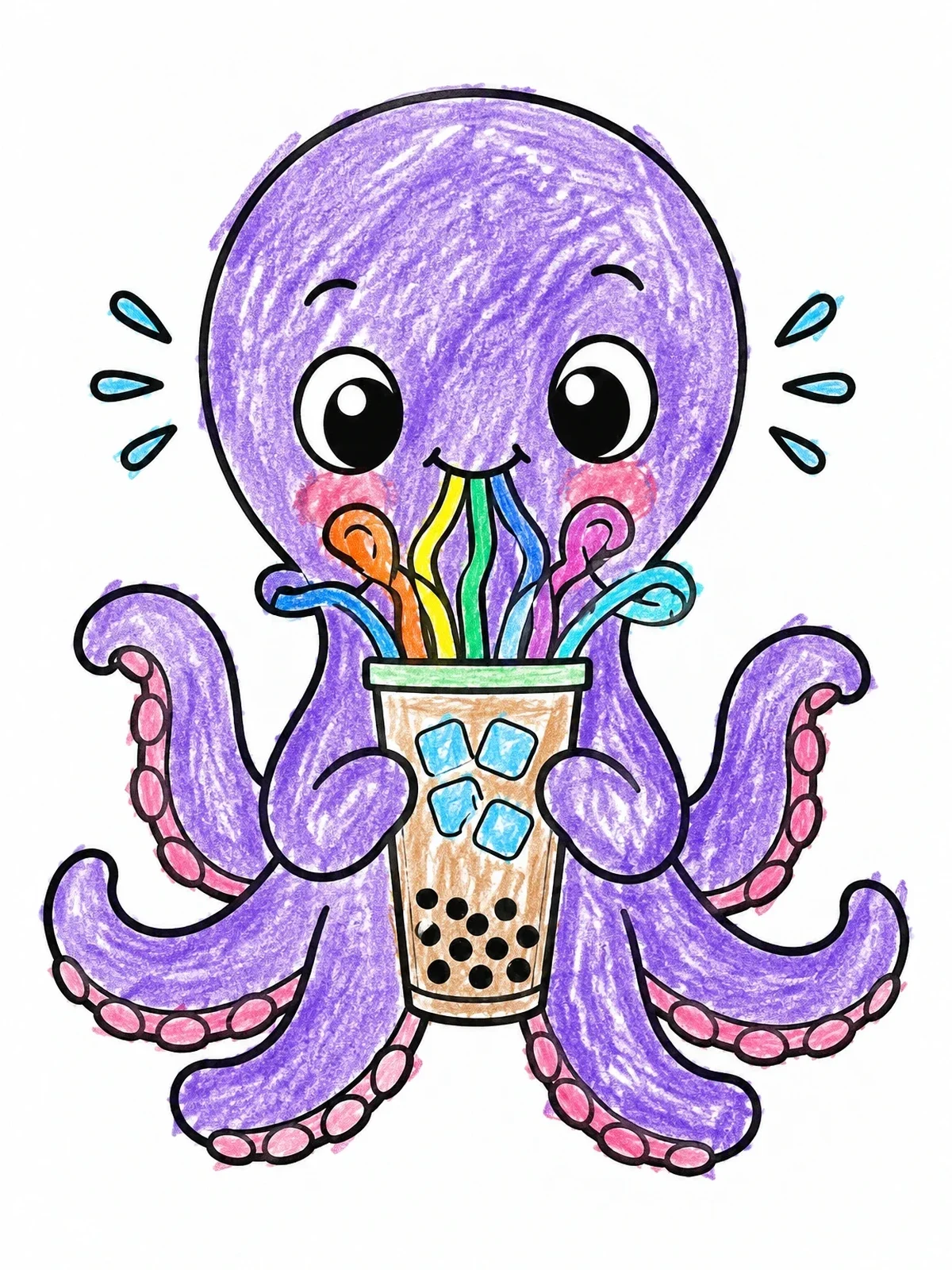 Colored example of the Cute Octopus Drinking Boba Tea coloring page