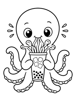 Cute octopus coloring page holding an iced boba drink with straws.