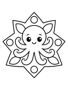 A smiling little octopus coloring page inside a decorative geometric star frame.