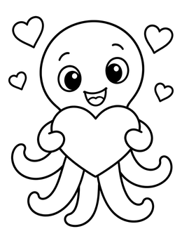 A cheerful octopus coloring page featuring a smiling sea creature holding a big heart.