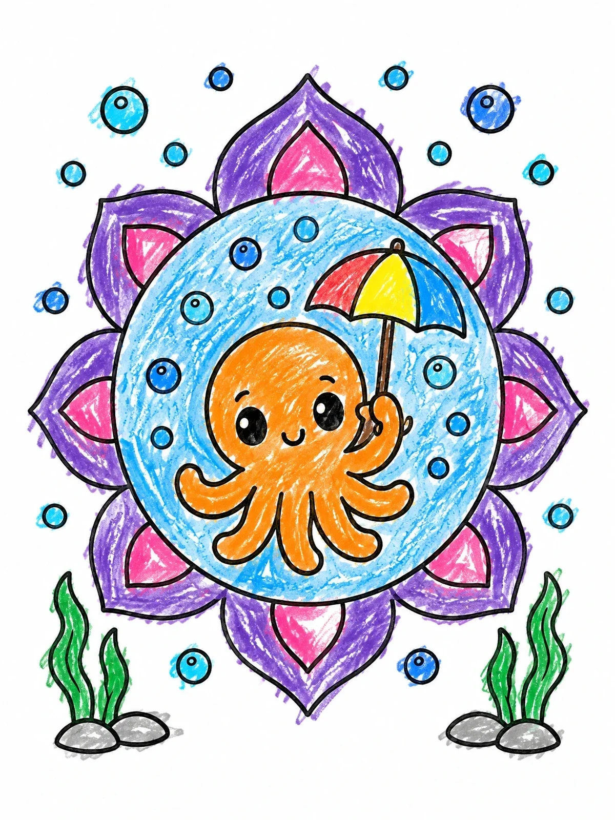 Colored example of the Cute Octopus With Umbrella coloring page