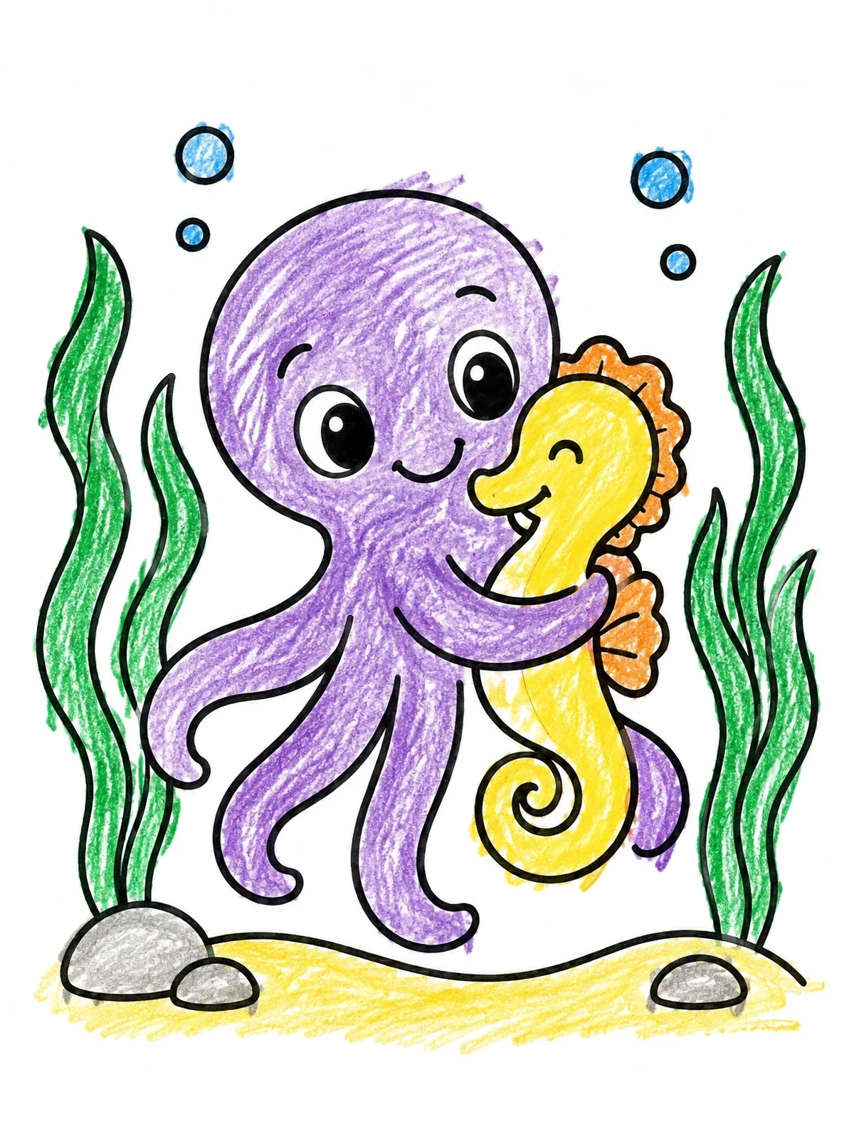 Colored example of the Cute Octopus Hugging A Seahorse coloring page