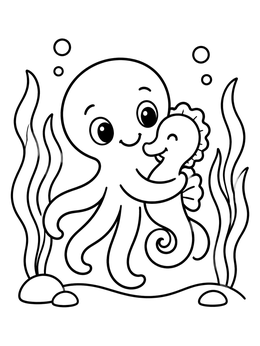 Free printable Cute Octopus Hugging A Seahorse coloring page