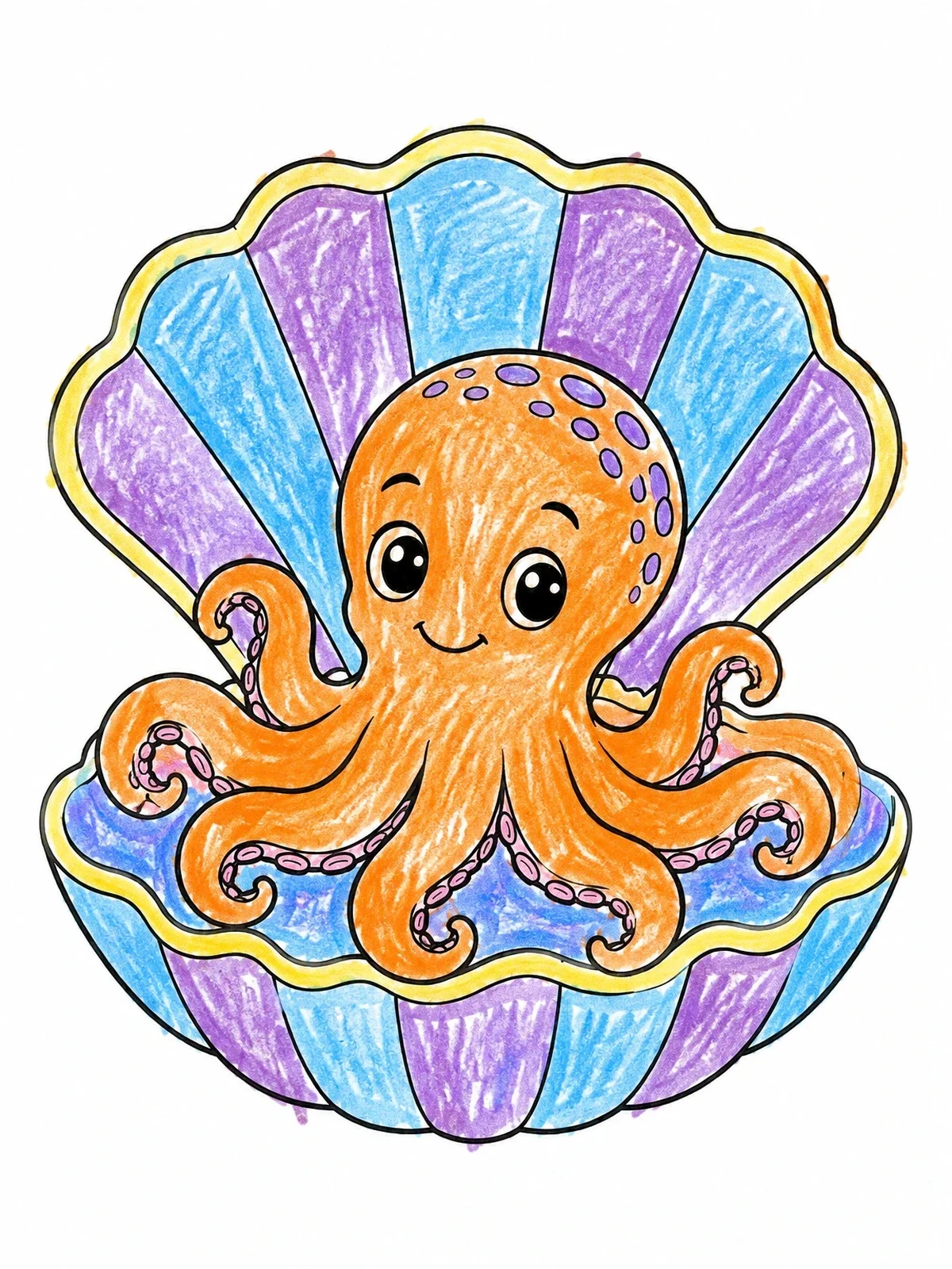 Colored example of the Cute Octopus In Clam Shell coloring page