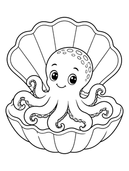 An adorable baby octopus coloring page sitting comfortably inside an open seashell.