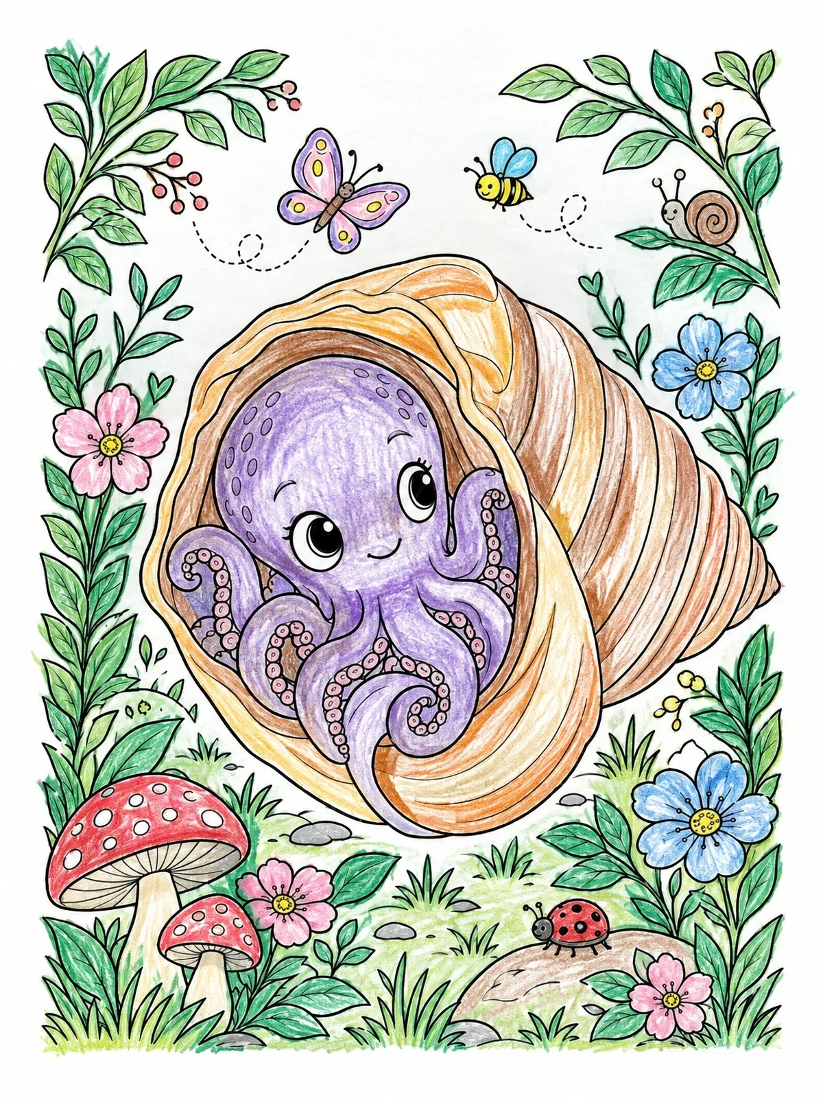Colored example of the Cute Octopus Inside A Conch Shell coloring page